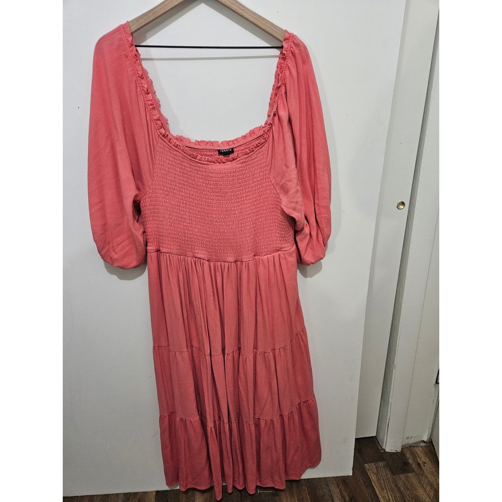 Torrid Coral Pink Smocked Tiered Maxi Dress Puff Sleeve Square Neck Boho